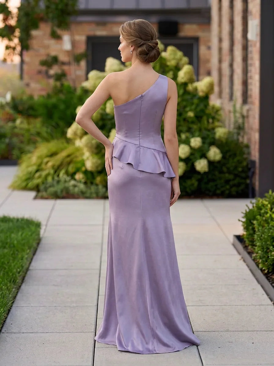 One-Shoulder Beaded Peplum Lavender Satin Evening Dress