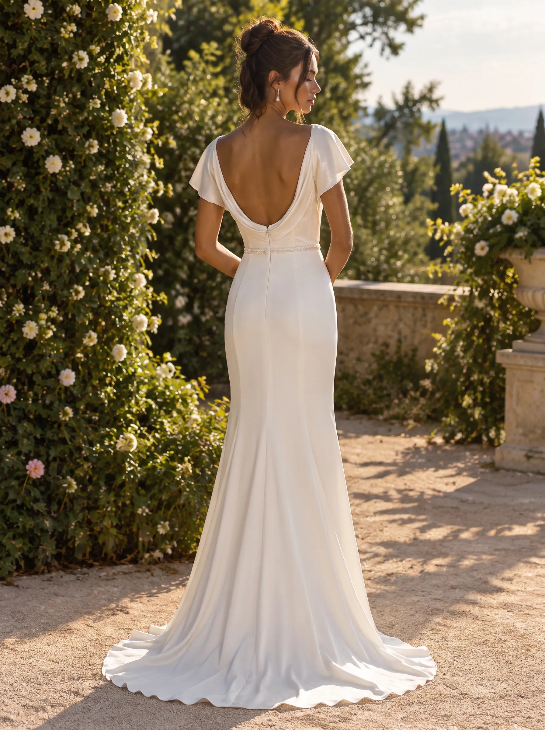 Cowl-Neck Flutter-Sleeve Mermaid Wedding Dress Bridal Gown