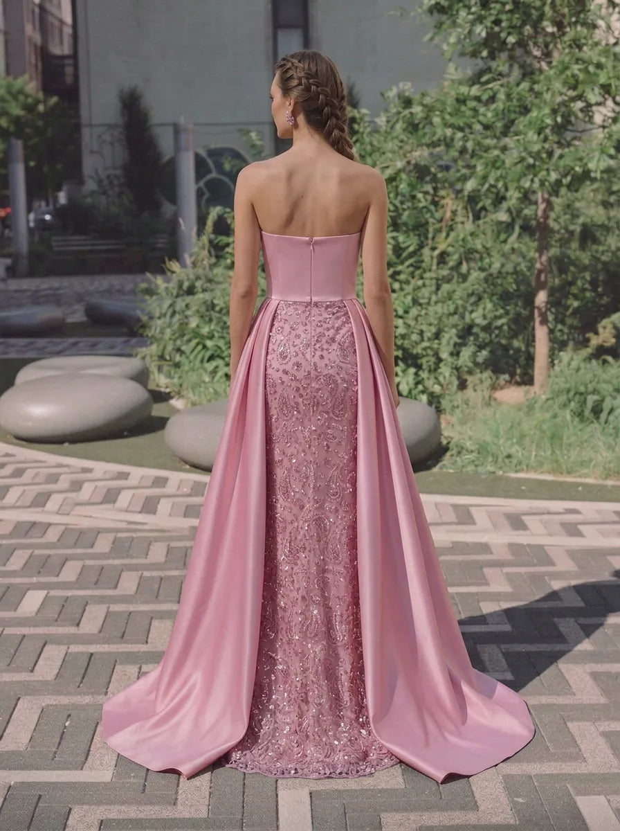 Strapless Sequin Embellished Over-Skirt Pink Column Evening Dress