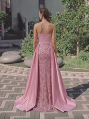 Strapless Sequin Embellished Over-Skirt Pink Column Evening Dress