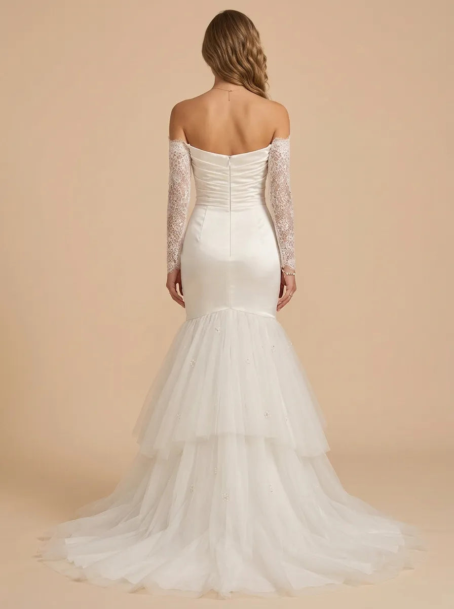 Off-the-Shoulder Satin and Tiered Tulle Mermaid Wedding Dress with Lace Sleeves