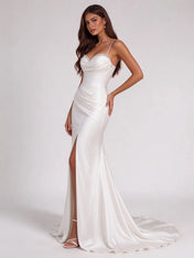 Crystal-Trimmed Satin Mermaid Bridal Gown Wedding Dress with High Leg Slit