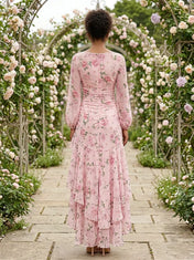 Pink Floral Long-Sleeve High-Low Ruffle Evening Dress