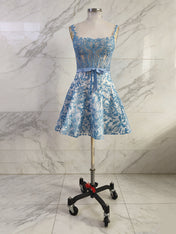 Blue Print A Line Floral Corset Short Homecoming Dress With Bow
