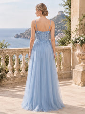 Square-Neck Spaghetti-Strap Floral Applique Tulle A-Line Evening Dress