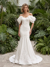 Off-the-Shoulder Puff-Sleeve Embroidered Mermaid Wedding Dress with Sweep Train