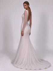 Structured Padded-Shoulder Plunge-Neck Beaded Mermaid Wedding Dress with Sweep Train
