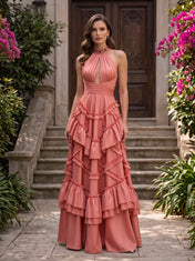 Halter Keyhole Beaded-Collar Cascading Ruffle Tiered Prom Dress