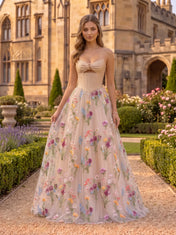Strapless Floral-Embroidered Tulle A-Line Corset Sleeveless Prom Dress