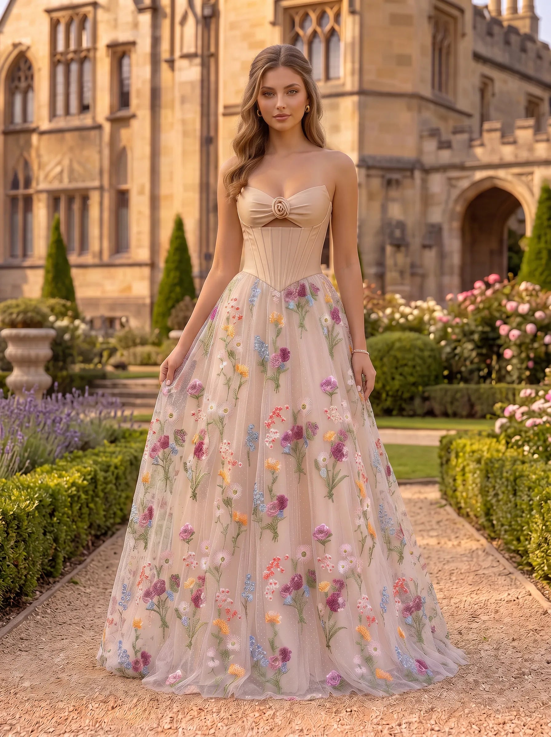 Strapless Floral-Embroidered Tulle A-Line Corset Sleeveless Prom Dress