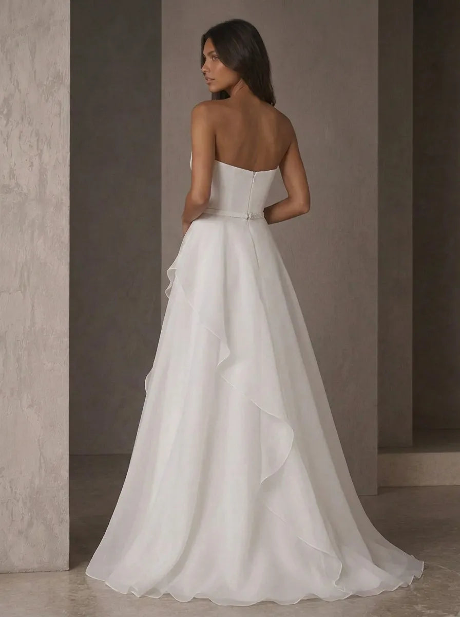 Ivory Strapless Pleated Ruffled A-Line Evening Dress