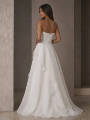 Ivory Strapless Pleated Ruffled A-Line Evening Dress