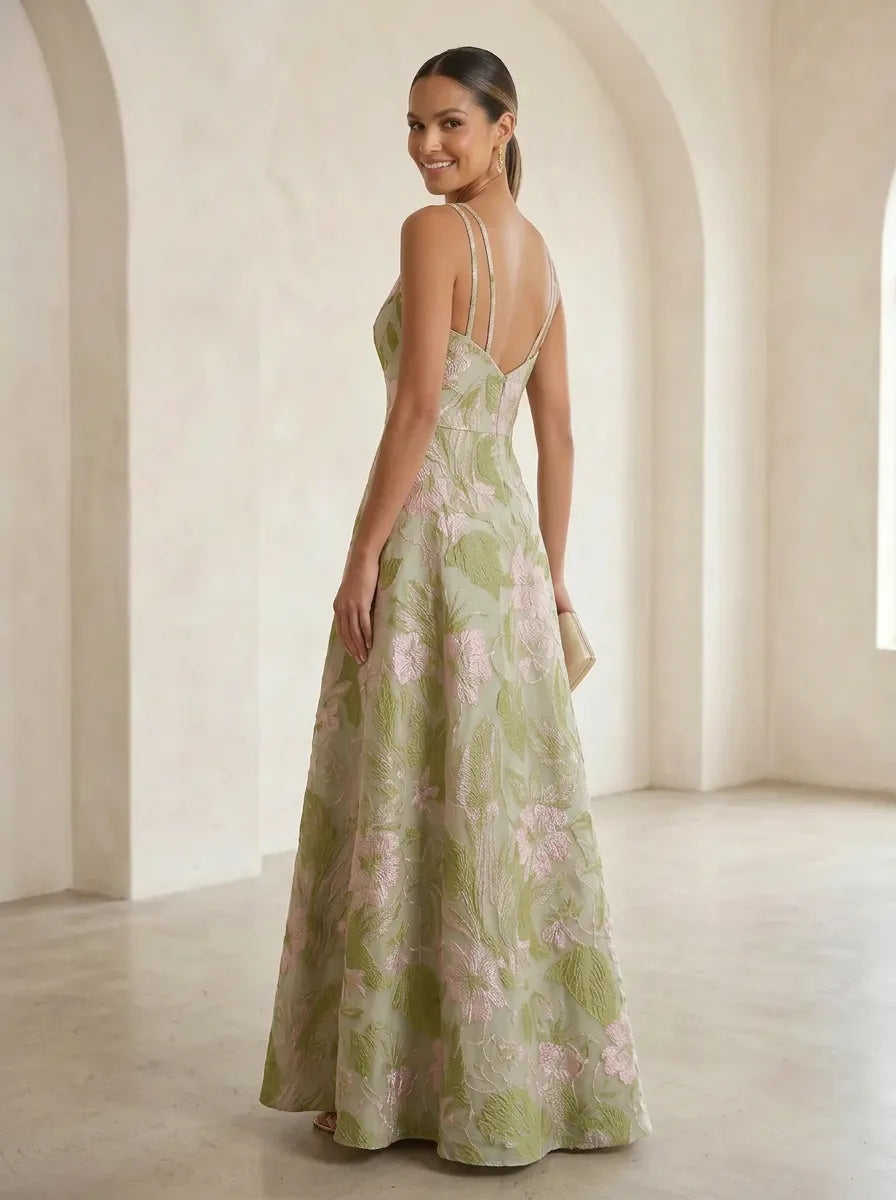 V-Neck Jacquard Double-Strap Long Mother Of The Bride Dresses
