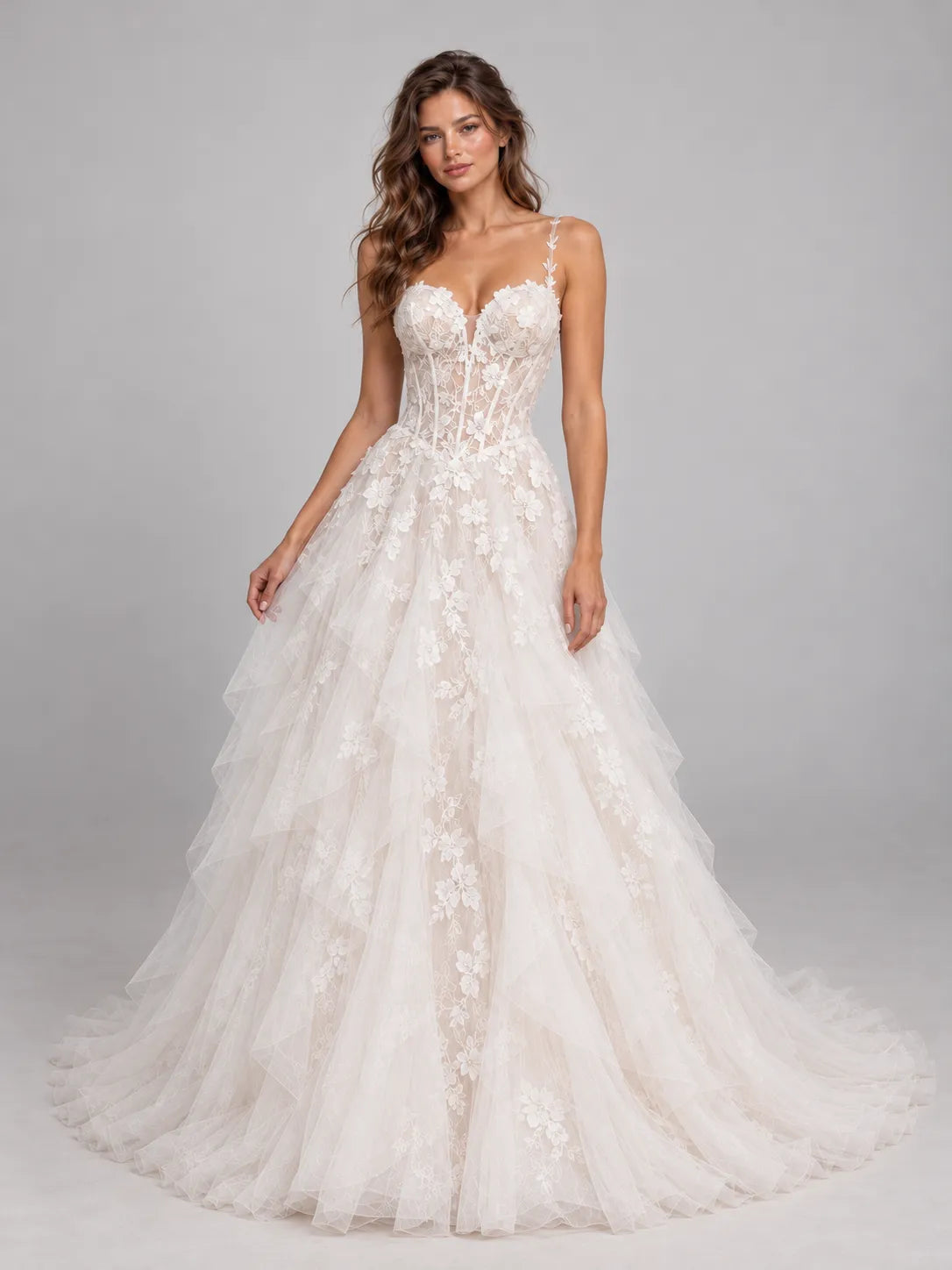 Sweetheart Lace Applique Corset A-Line Wedding Dress with Cascading Tiered Tulle Skirt and Train