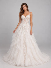 Sweetheart Lace Applique Corset A-Line Wedding Dress with Cascading Tiered Tulle Skirt and Train