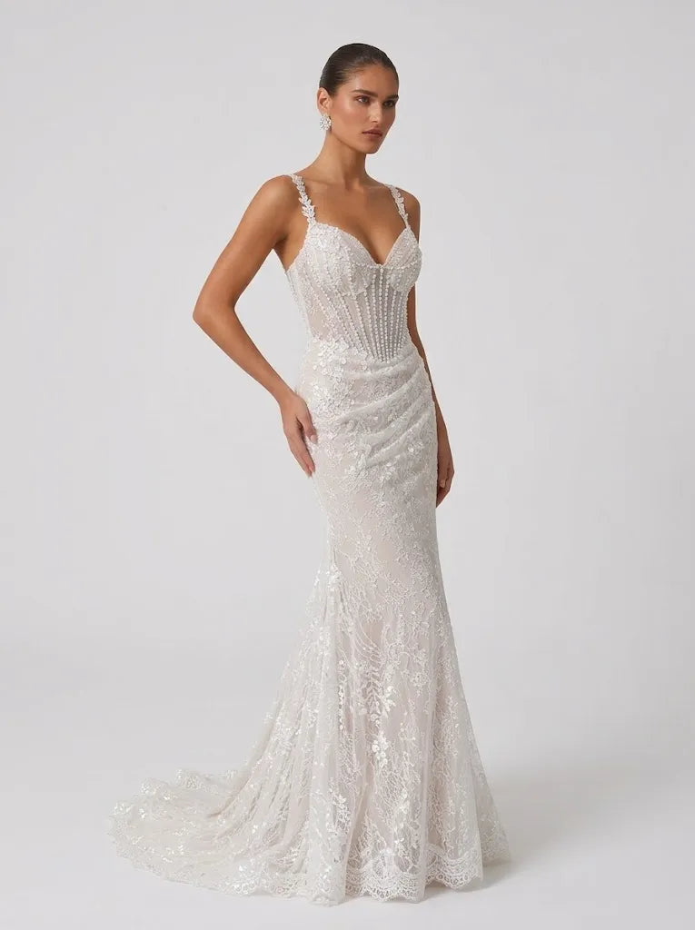 Spaghetti Strap Sheer Corset Beaded Lace Mermaid Wedding Dress with Sweep Train