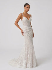 Spaghetti Strap Sheer Corset Beaded Lace Mermaid Wedding Dress with Sweep Train
