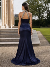 Halter Pearl-Embellished Satin Sleeveless Evening Dress