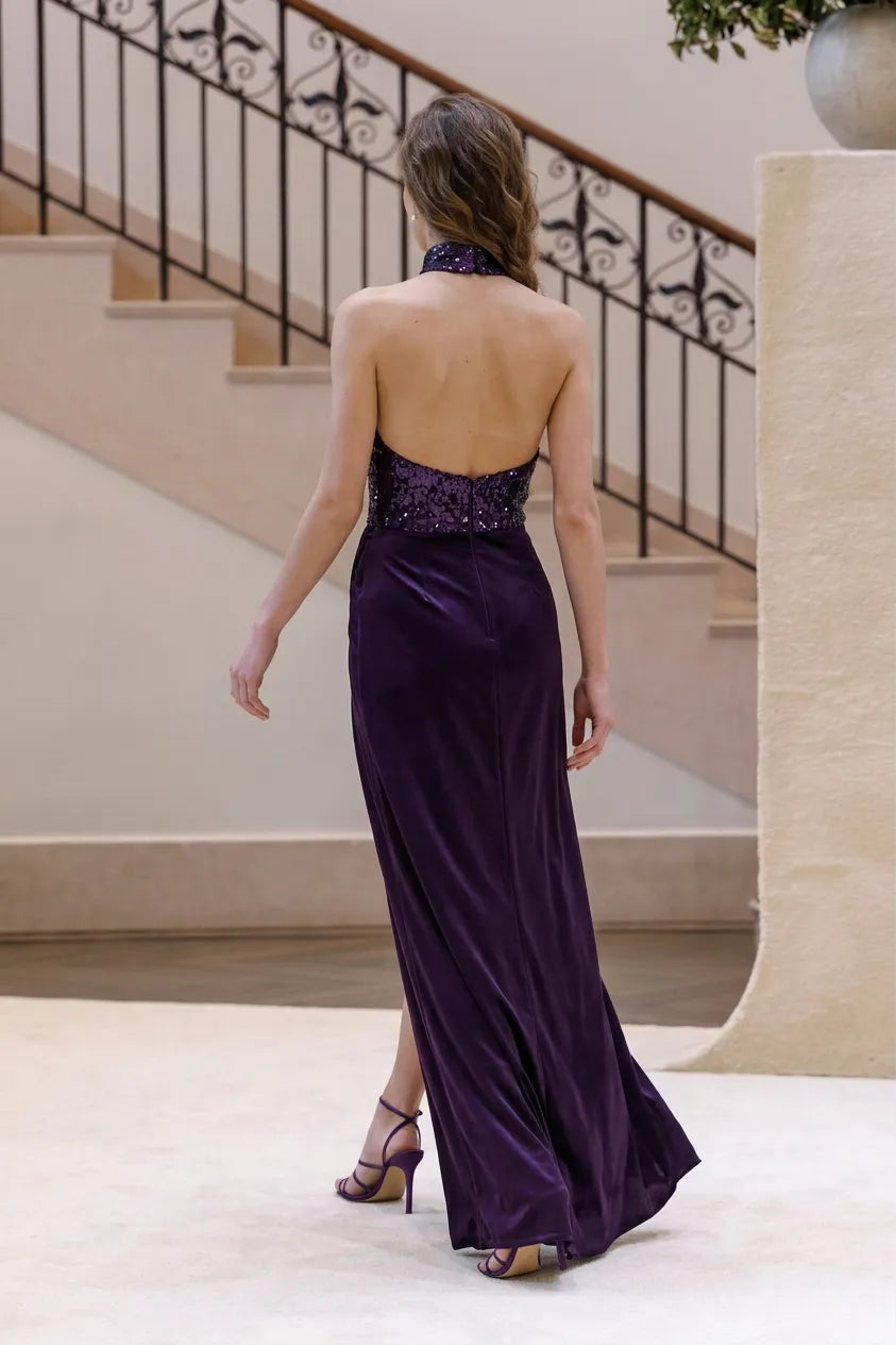 Deep Purple Sequin High-Neck Halter Slit Evening Dress