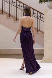 Deep Purple Sequin High-Neck Halter Slit Evening Dress