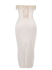 Vintage Cream Embellished Strapless Dress