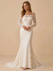 Off-the-Neckline Long-Sleeve Satin and Lace Mermaid Wedding Dress