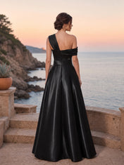 One-Shoulder Draped Satin Pleated A-Line Evening Dress