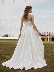 Strapless Sweetheart Draped Satin A-Line Wedding Dress with Sheer Floral Inset