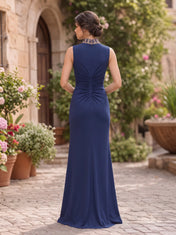 Navy Blue Beaded High-Collar Sleeveless Slit Evening Dress