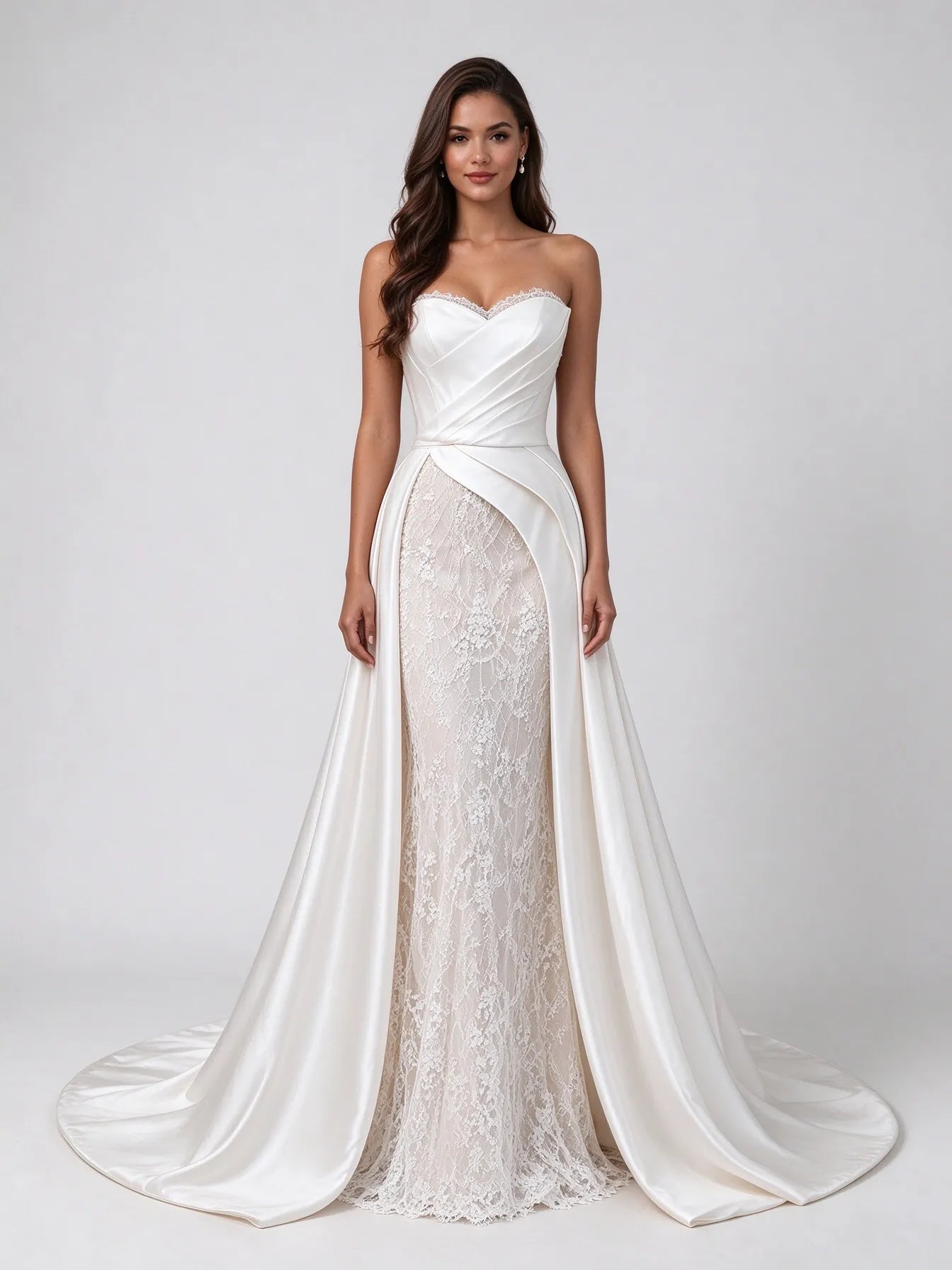 Strapless Pleated Satin and Lace Overlay Column Wedding Dress with Sweep Train