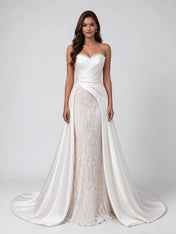 Strapless Pleated Satin and Lace Overlay Column Wedding Dress with Sweep Train