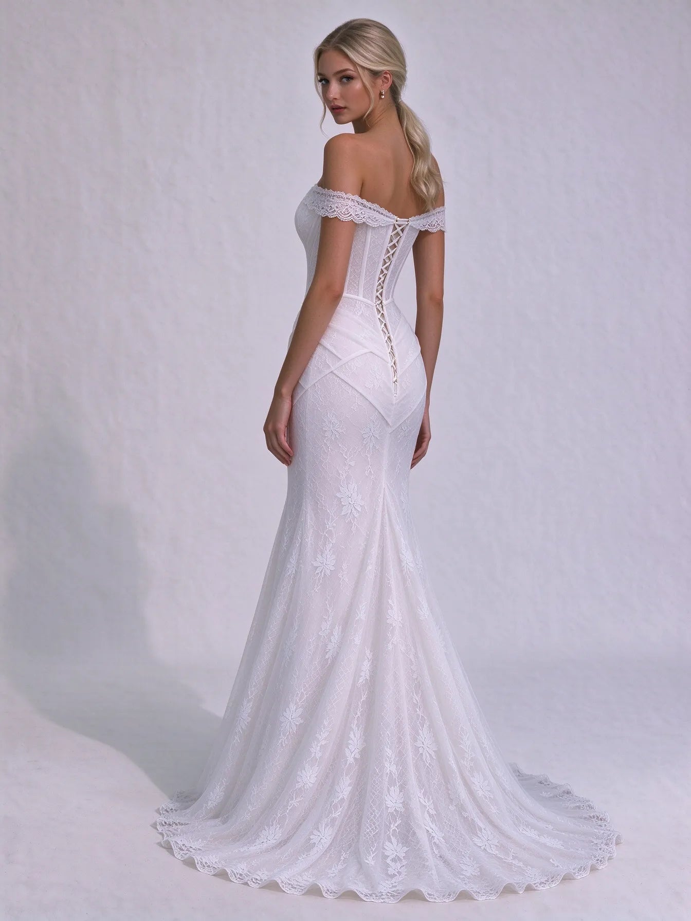 Off-The-Shoulder Scalloped Lace Corset Mermaid Bridal Wedding Dress with Slit