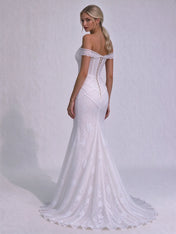 Off-The-Shoulder Scalloped Lace Corset Mermaid Bridal Wedding Dress with Slit