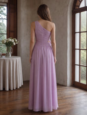 One-Shoulder Ruched Chiffon A-Line Evening Gown with Floral Waist Detail