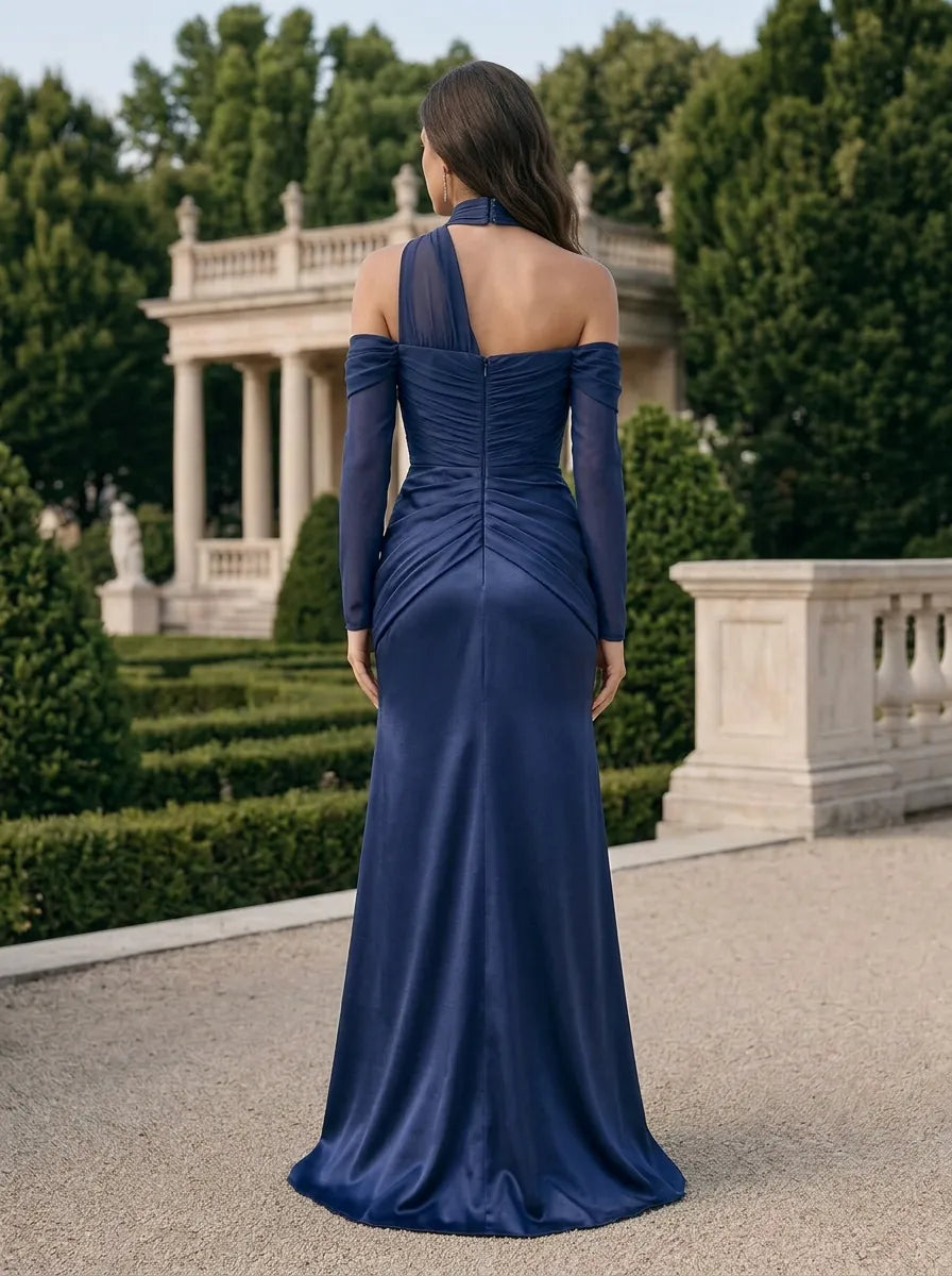 Navy Blue Choker Neck Long-Sleeve Draped Evening Dress