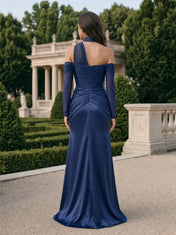Navy Blue Choker Neck Long-Sleeve Draped Evening Dress