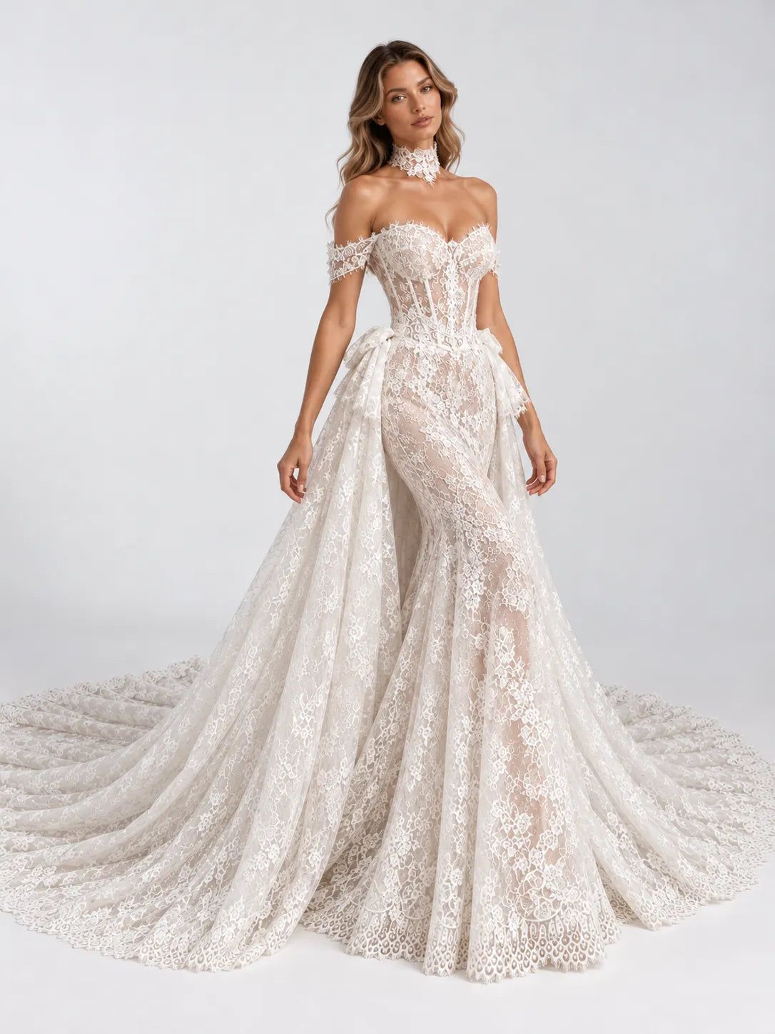 Off-the-Shoulder Lace Mermaid Wedding Dress with Detachable Overskirt and Choker