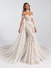 Off-the-Shoulder Lace Mermaid Wedding Dress with Detachable Overskirt and Choker