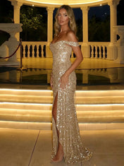 Off-the-Shoulder Glitter Sequin Column Prom Dress with High Slit