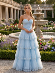 Strapless Beaded Tiered Tulle A-Line Prom Dress with Corset Back