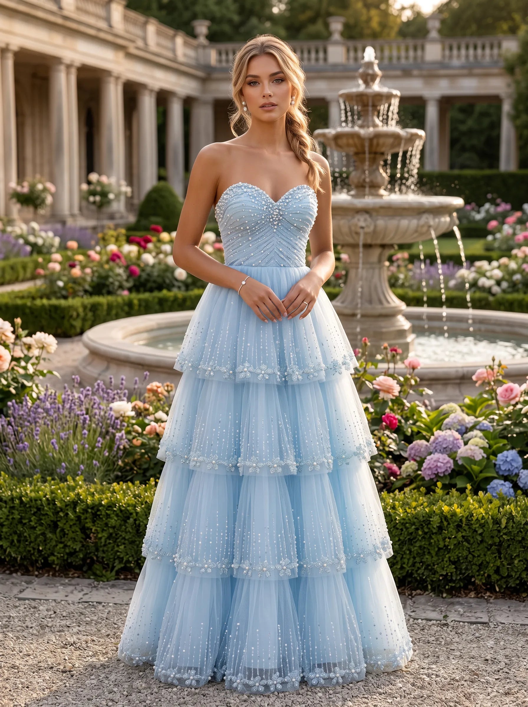 Strapless Beaded Tiered Tulle A-Line Prom Dress with Corset Back