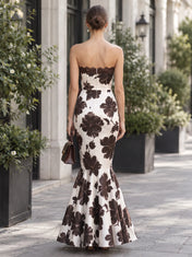 Cream and Brown Floral Strapless Trumpet Evening Dress with Satin Bow Sash