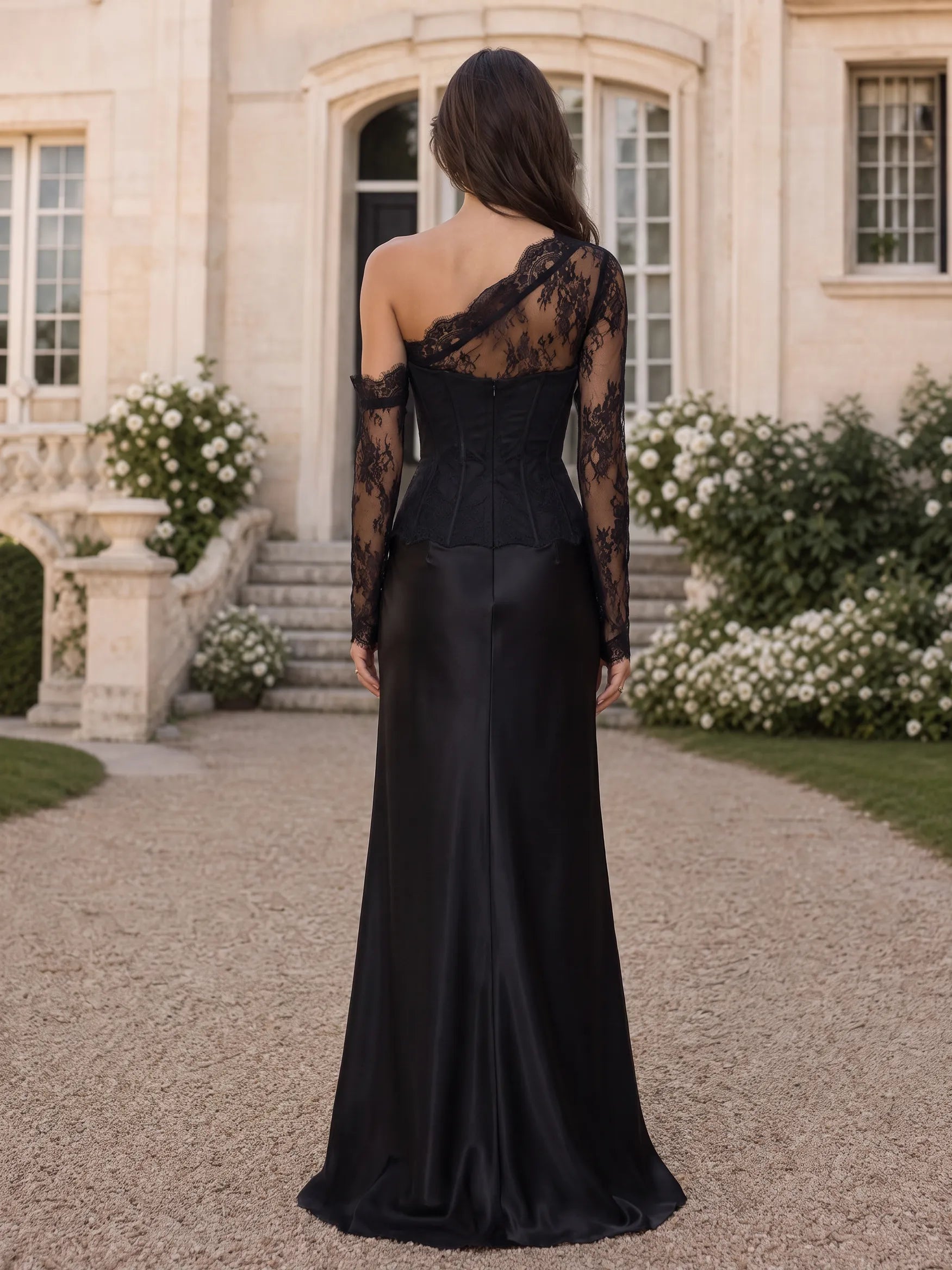 One-Shoulder Sheer Lace Long Sleeve Evening Dress