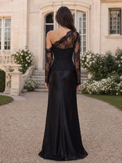 One-Shoulder Sheer Lace Long Sleeve Evening Dress