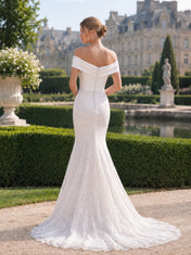 Off-the-Shoulder Satin and Lace Mermaid Wedding Dress with Button Details