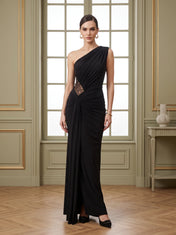 One-Shoulder Draped Black Gown with Illusion Lace Inset and Front Drape
