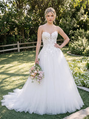 Strapless Lace Applique Tulle A-Line Wedding Dress