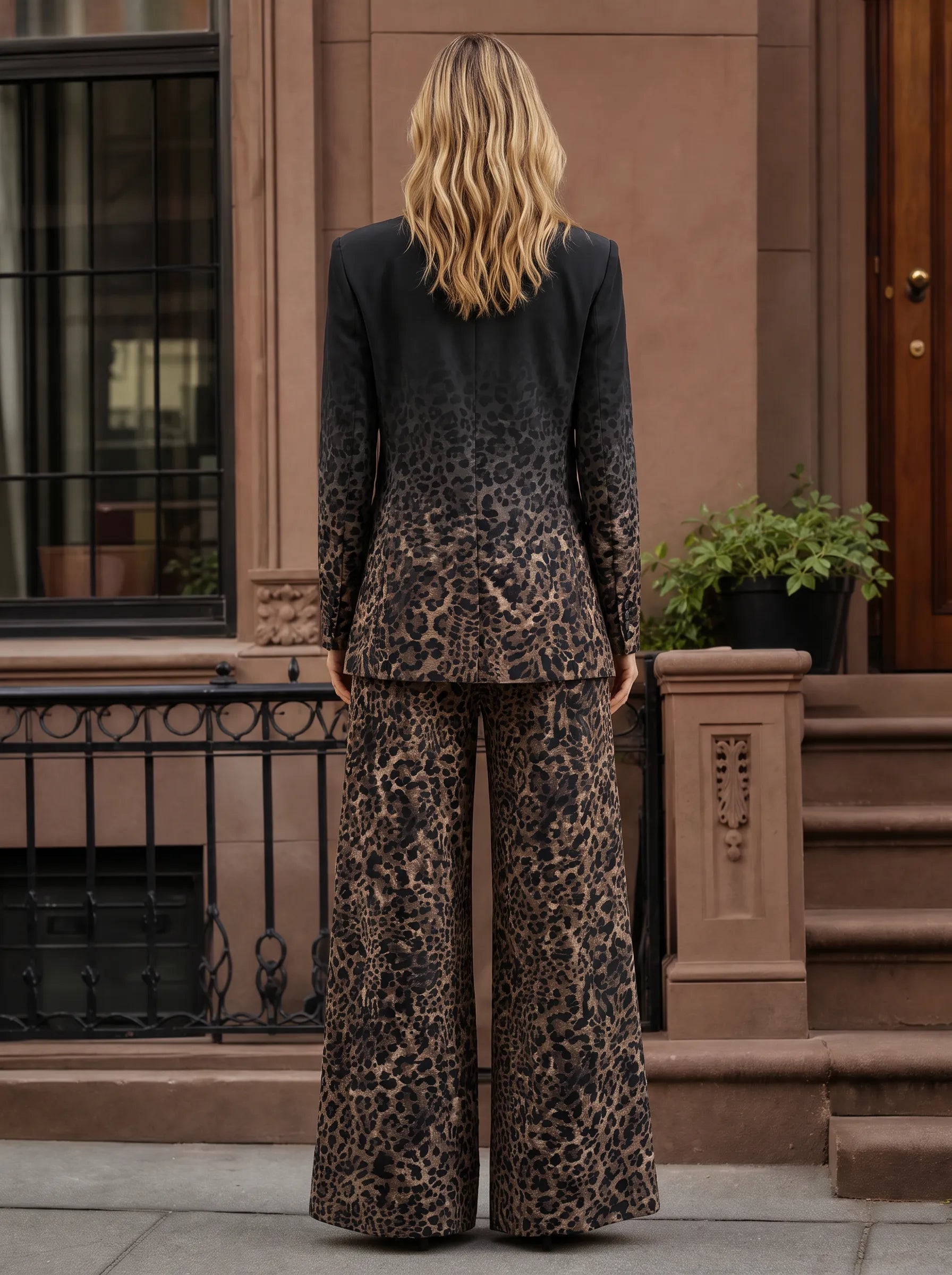 Gradient Leopard Print Blazer and Wide-Leg Pants Set