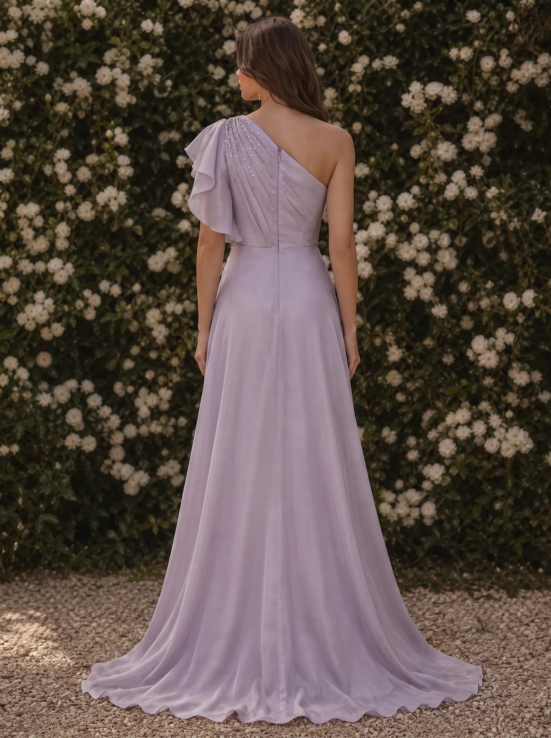Lavender One-Shoulder Ruffled Beaded Chiffon Sleeveless Evening Dress