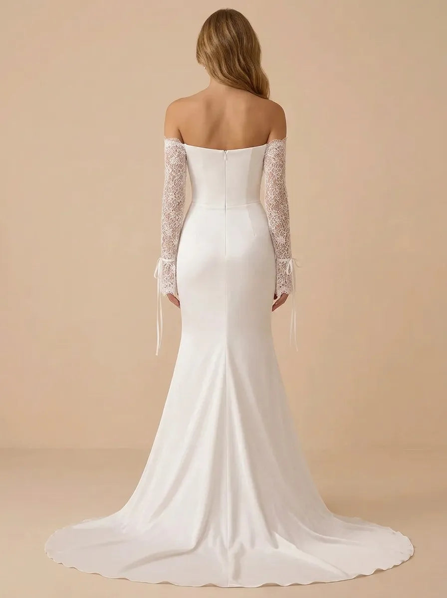 Off-the-Shoulder Lace-Trimmed Satin Mermaid Wedding Dress